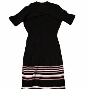 Almost Famous Black Midi Dress with Pink & White Striped Hem